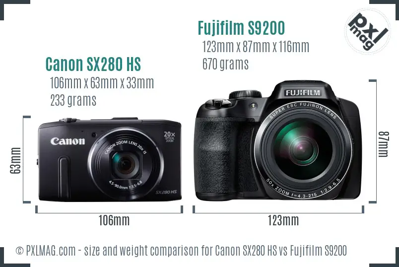Canon SX280 HS vs Fujifilm S9200 size comparison