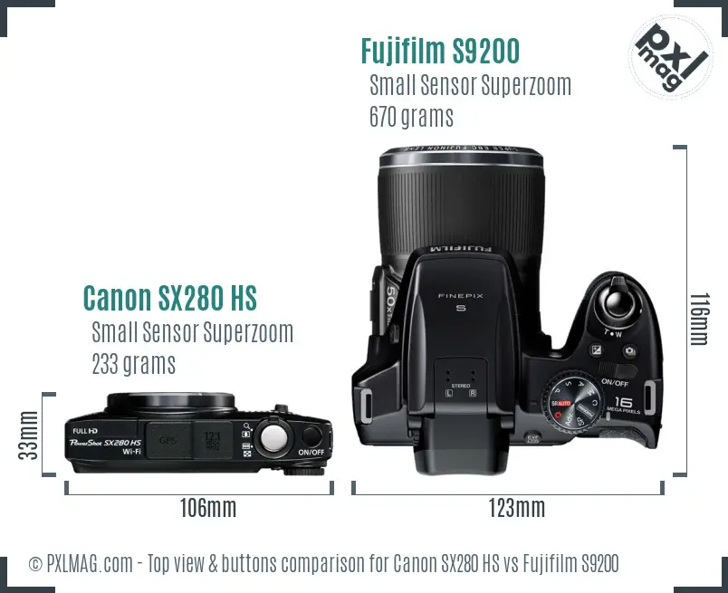 Canon SX280 HS vs Fujifilm S9200 top view buttons comparison