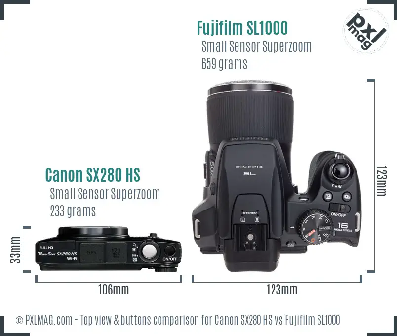 Canon SX280 HS vs Fujifilm SL1000 top view buttons comparison