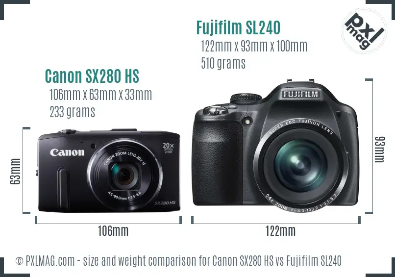 Canon SX280 HS vs Fujifilm SL240 size comparison