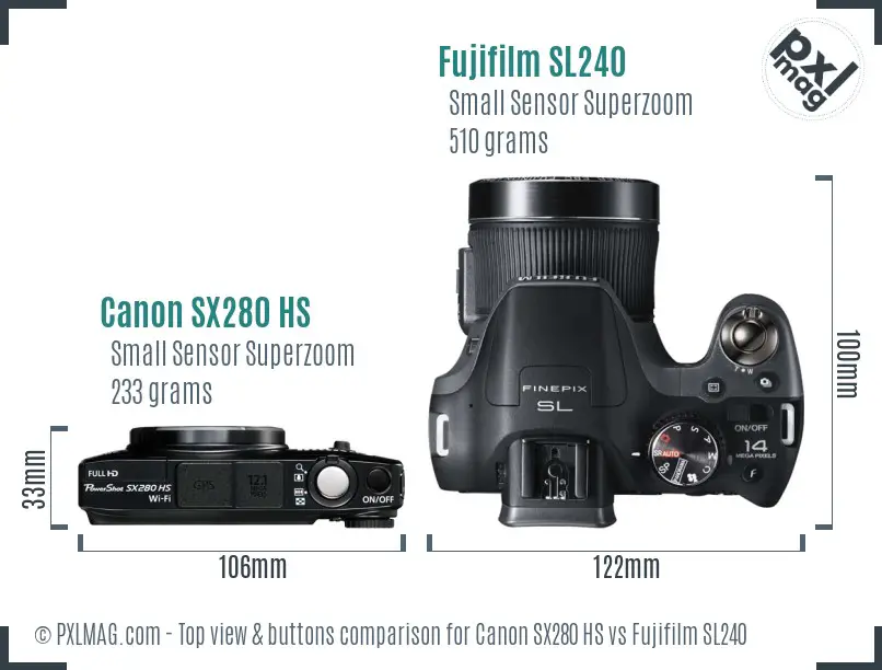 Canon SX280 HS vs Fujifilm SL240 top view buttons comparison