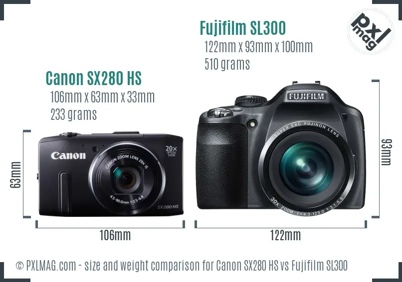 Canon SX280 HS vs Fujifilm SL300 size comparison