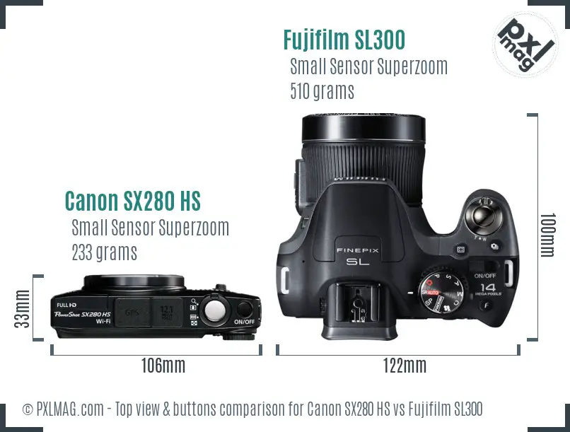 Canon SX280 HS vs Fujifilm SL300 top view buttons comparison