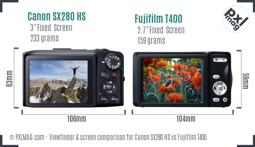 Canon SX280 HS vs Fujifilm T400 Screen and Viewfinder comparison