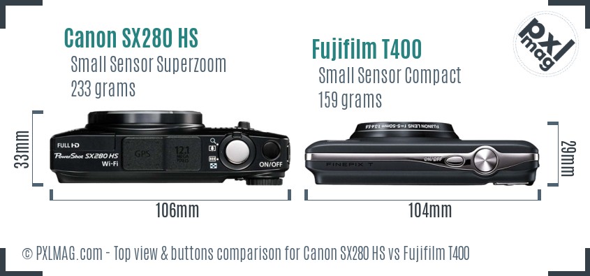 Canon SX280 HS vs Fujifilm T400 top view buttons comparison