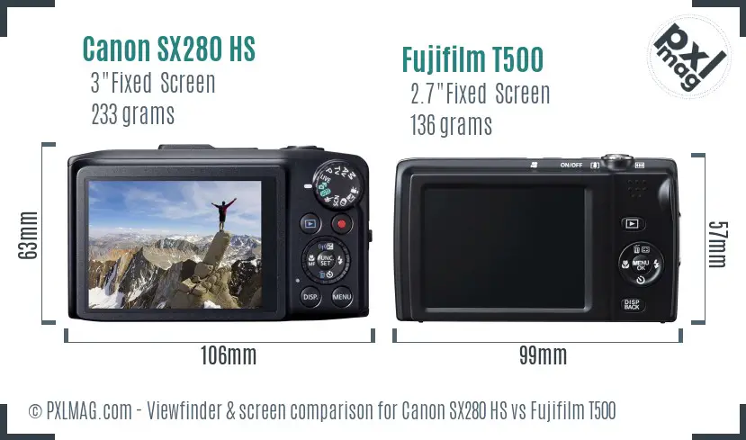 Canon SX280 HS vs Fujifilm T500 Screen and Viewfinder comparison