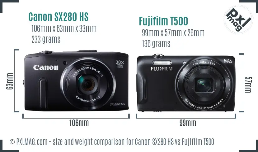 Canon SX280 HS vs Fujifilm T500 size comparison