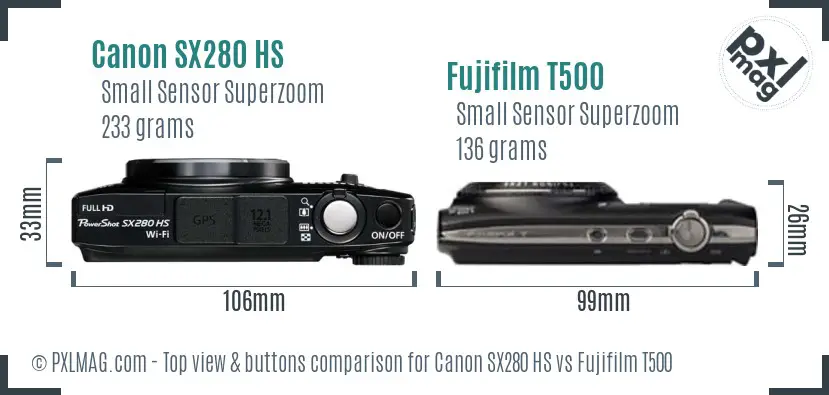 Canon SX280 HS vs Fujifilm T500 top view buttons comparison