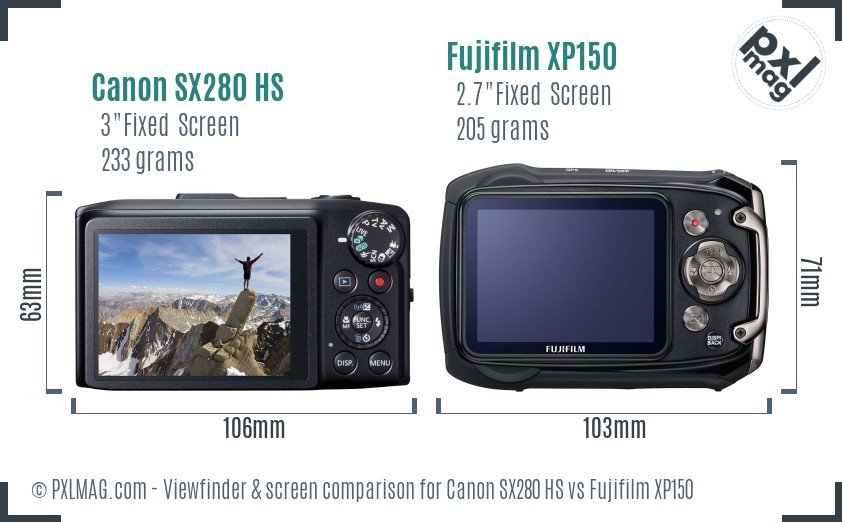 Canon SX280 HS vs Fujifilm XP150 Screen and Viewfinder comparison