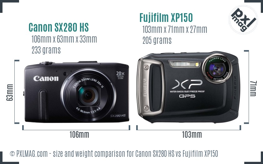 Canon SX280 HS vs Fujifilm XP150 size comparison