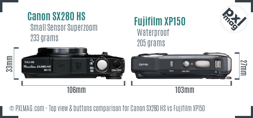 Canon SX280 HS vs Fujifilm XP150 top view buttons comparison
