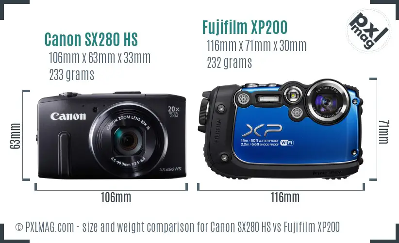 Canon SX280 HS vs Fujifilm XP200 size comparison