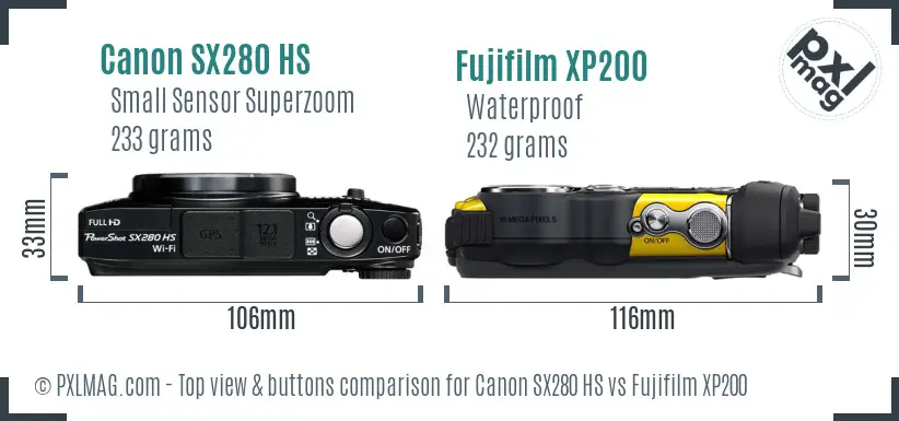 Canon SX280 HS vs Fujifilm XP200 top view buttons comparison