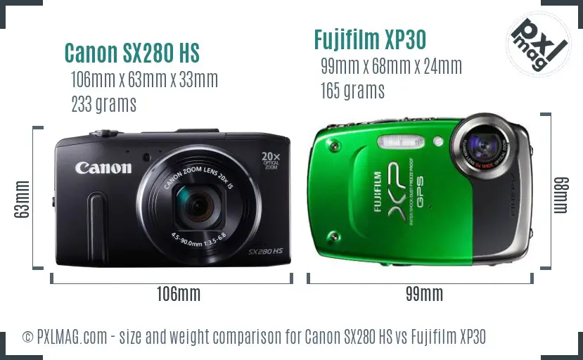 Canon SX280 HS vs Fujifilm XP30 size comparison