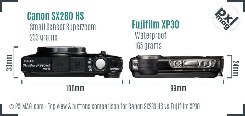 Canon SX280 HS vs Fujifilm XP30 top view buttons comparison