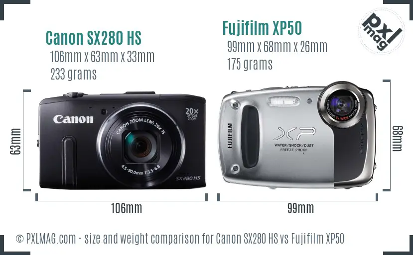 Canon SX280 HS vs Fujifilm XP50 size comparison