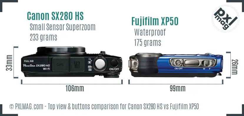 Canon SX280 HS vs Fujifilm XP50 top view buttons comparison