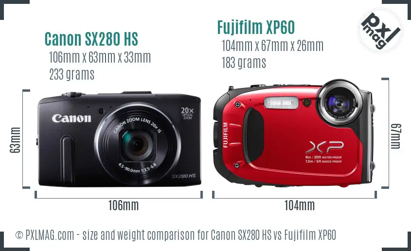 Canon SX280 HS vs Fujifilm XP60 size comparison