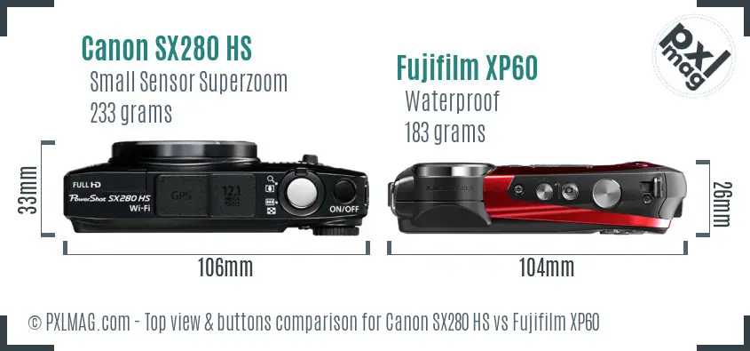 Canon SX280 HS vs Fujifilm XP60 top view buttons comparison