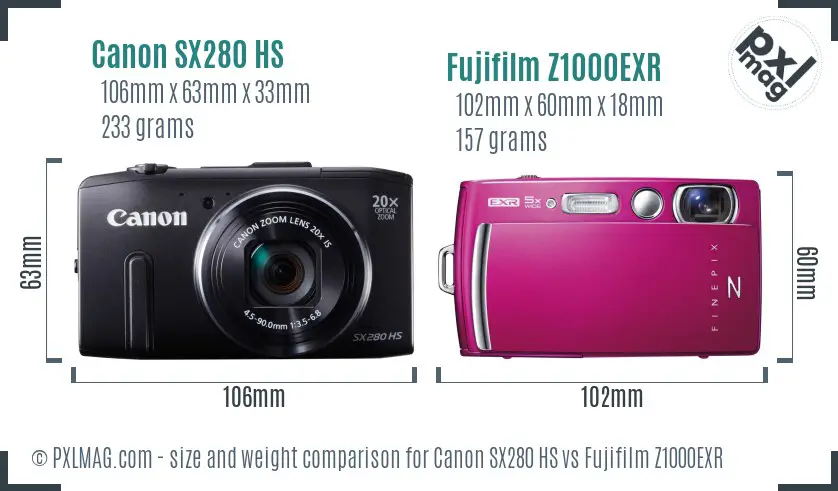Canon SX280 HS vs Fujifilm Z1000EXR size comparison