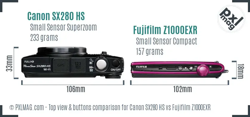 Canon SX280 HS vs Fujifilm Z1000EXR top view buttons comparison