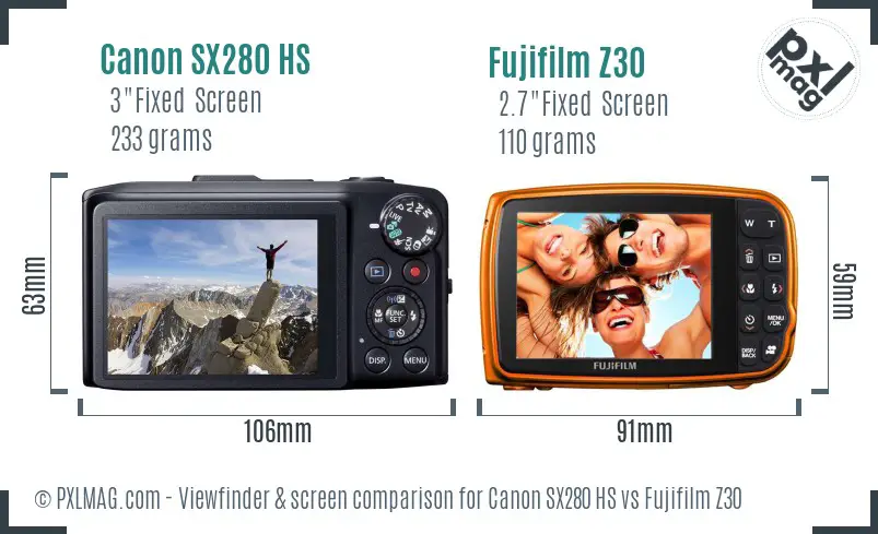 Canon SX280 HS vs Fujifilm Z30 Screen and Viewfinder comparison
