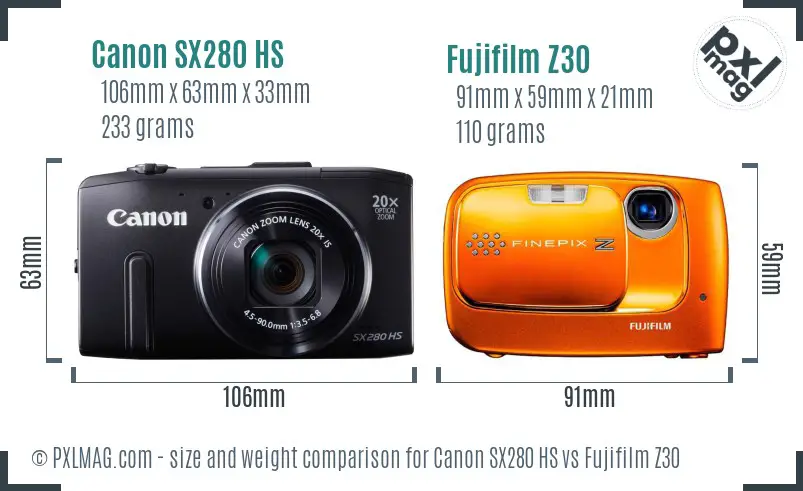 Canon SX280 HS vs Fujifilm Z30 size comparison