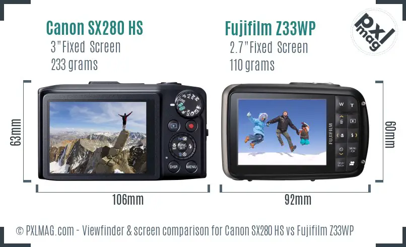 Canon SX280 HS vs Fujifilm Z33WP Screen and Viewfinder comparison