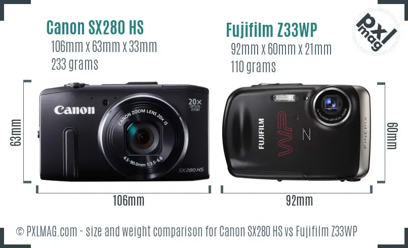 Canon SX280 HS vs Fujifilm Z33WP size comparison