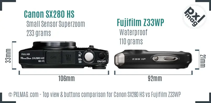 Canon SX280 HS vs Fujifilm Z33WP top view buttons comparison