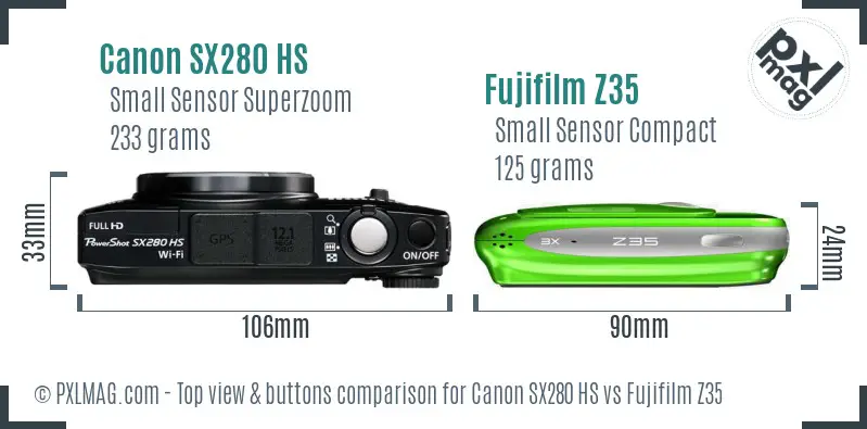 Canon SX280 HS vs Fujifilm Z35 top view buttons comparison Canon SX280 HS vs Fujifilm Z35 top view buttons comparison