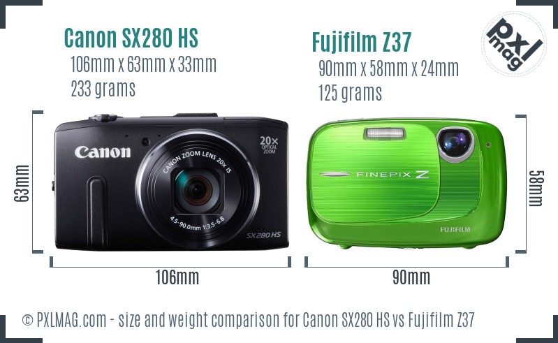 Canon SX280 HS vs Fujifilm Z37 size comparison
