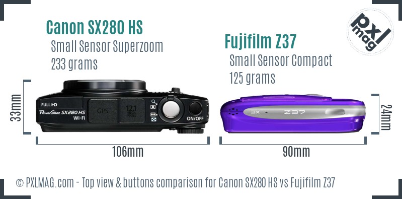 Canon SX280 HS vs Fujifilm Z37 top view buttons comparison