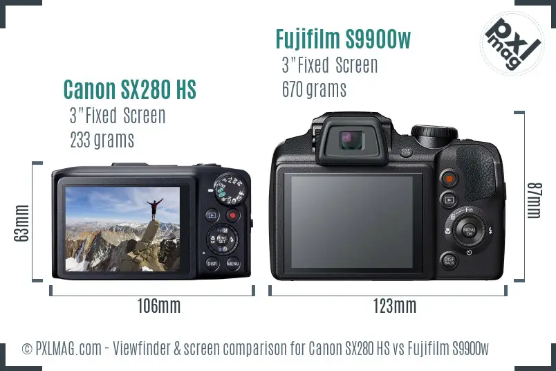 Canon SX280 HS vs Fujifilm S9900w Screen and Viewfinder comparison