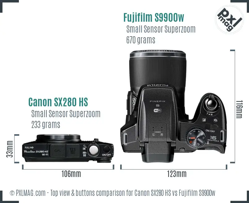 Canon SX280 HS vs Fujifilm S9900w top view buttons comparison