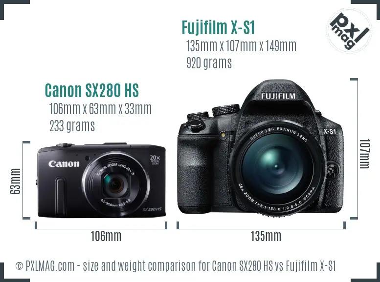 Canon SX280 HS vs Fujifilm X-S1 size comparison