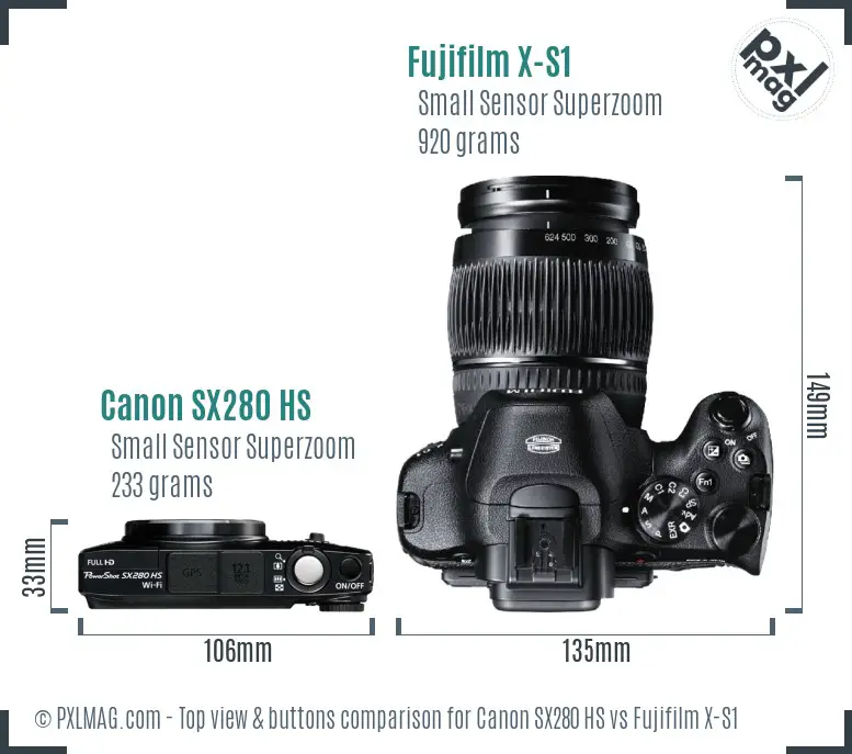 Canon SX280 HS vs Fujifilm X-S1 top view buttons comparison