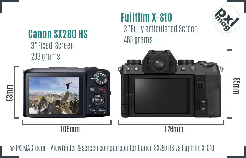 Canon SX280 HS vs Fujifilm X-S10 Screen and Viewfinder comparison