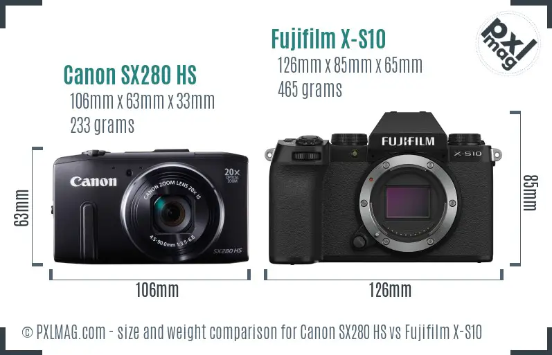 Canon SX280 HS vs Fujifilm X-S10 size comparison