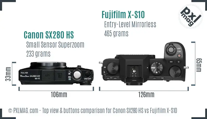 Canon SX280 HS vs Fujifilm X-S10 top view buttons comparison