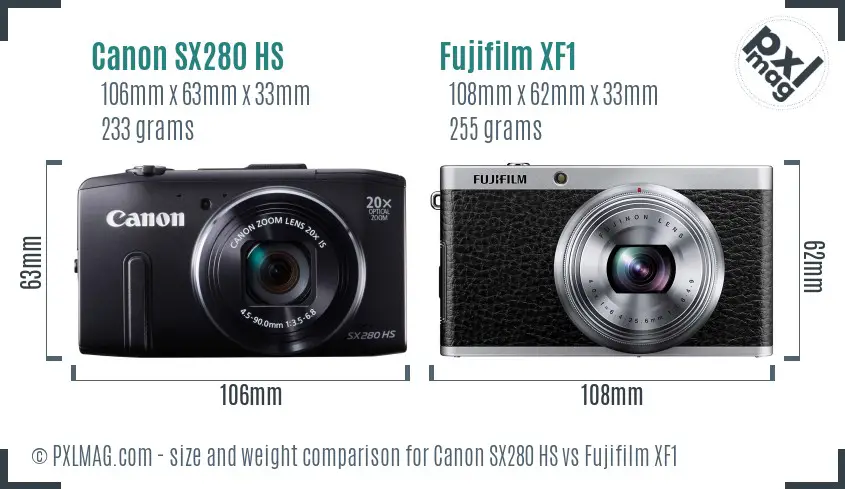 Canon SX280 HS vs Fujifilm XF1 size comparison