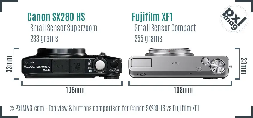Canon SX280 HS vs Fujifilm XF1 top view buttons comparison