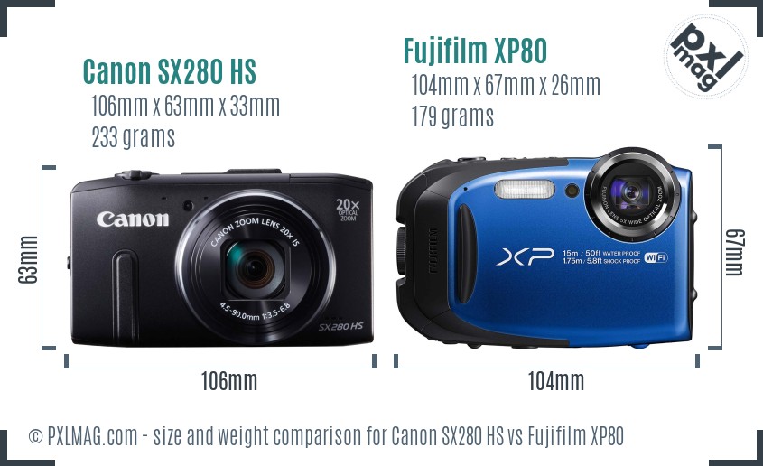 Canon SX280 HS vs Fujifilm XP80 size comparison