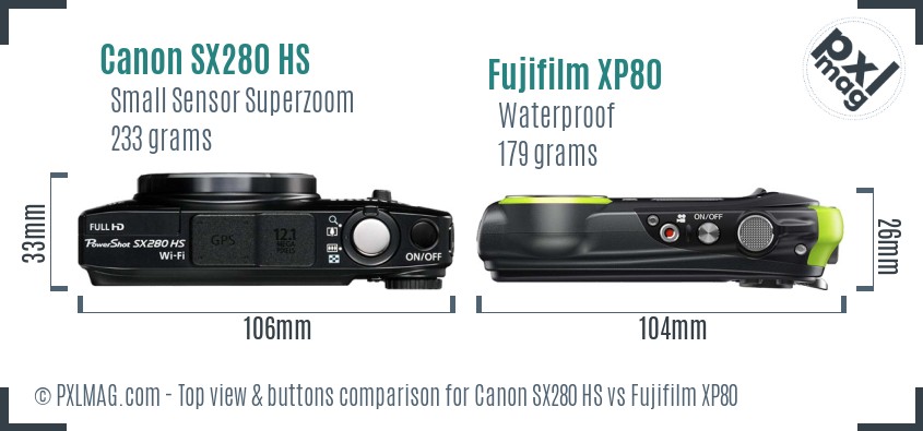Canon SX280 HS vs Fujifilm XP80 top view buttons comparison