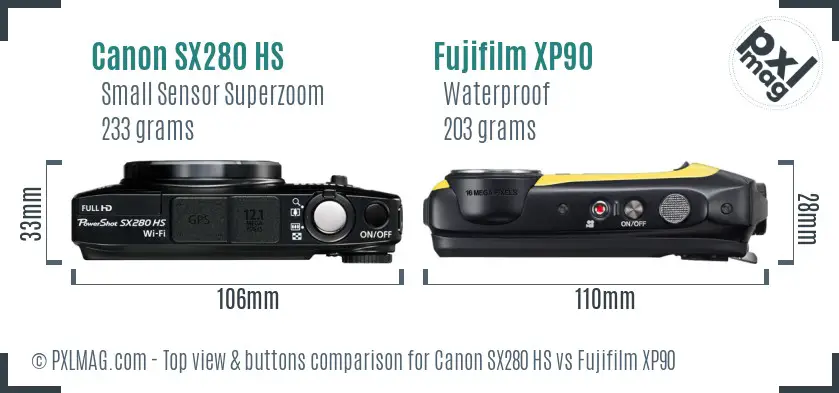 Canon SX280 HS vs Fujifilm XP90 top view buttons comparison
