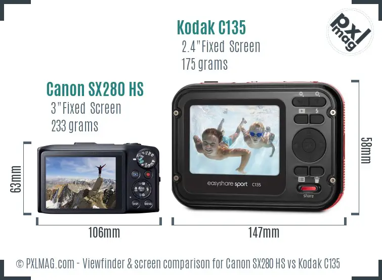 Canon SX280 HS vs Kodak C135 Screen and Viewfinder comparison