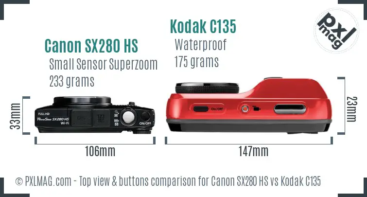 Canon SX280 HS vs Kodak C135 top view buttons comparison