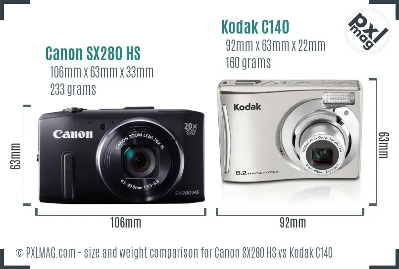 Canon SX280 HS vs Kodak C140 size comparison