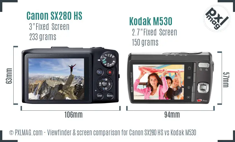 Canon SX280 HS vs Kodak M530 Screen and Viewfinder comparison