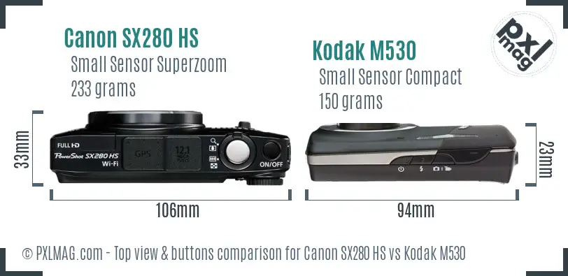 Canon SX280 HS vs Kodak M530 top view buttons comparison